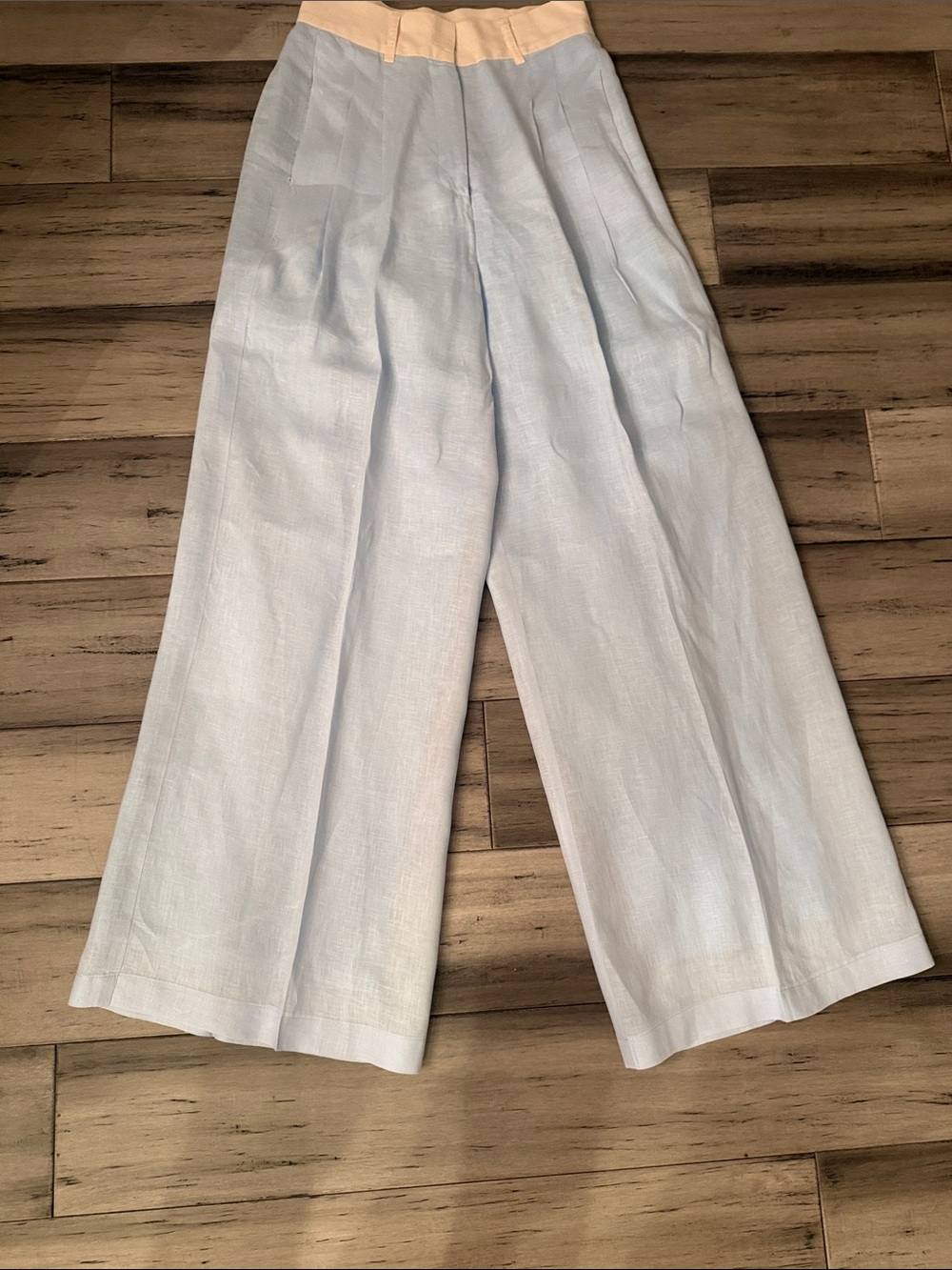 Light Blue Wide-Leg Pants with Cream Waistband